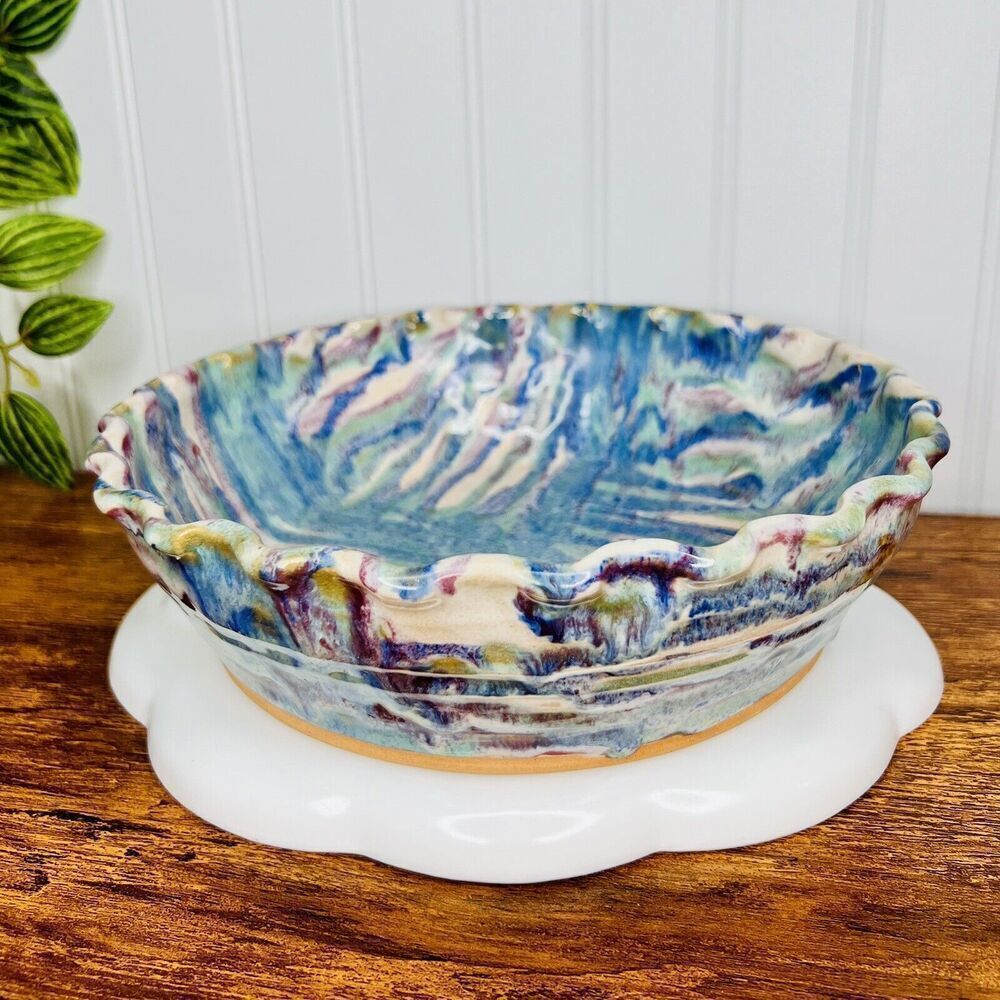 Studio Pottery signed JRC 95 Pie Plate Ruffled Baking Dish Pie Oven Abstract
